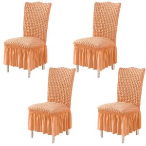 Lot de 4 housses de chaise amovibles avec jupe en dentelle - Tissu seersucker orange, convient &agrave; diff&eacute;rentes tailles de chaises - Neuf