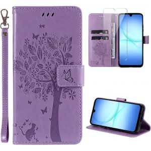 KALANKA-Coque Compatible avec Samsung Galaxy A17 4G / 5G avec 1 Pi&egrave;ce Protection &Eacute;cran en Verre Tremp&eacute;, Housse Cuir PU Portefeuille, Boucle Magn&eacute;tique Etui (Violet) - Neuf