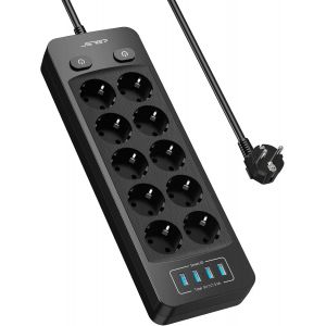 Multiprise 10 Prises avec 4 Ports USB Chargeur (5V3,1A/15,5W) Bloc Multiprises 16A avec Interrupteur Multiprises USB avec Cable 2m pour Smartphone, Maison, Bureau-Blanc - Neuf