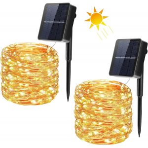 Lot de 2 Guirlande lumineuse solaire Extérieur 20 m 200 LED 8 modes Étanche Câble en cuivre Guirlande lumineuse décorative pour jardin, terrasse, cour, mariage, fête - Neuf
