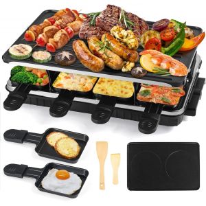 NouvelHorizonstore-Raclette 8 personnes - Rev&ecirc;tement antiadh&eacute;sif - Appareil &agrave; raclette &eacute;lectrique avec 8 mini po&ecirc;lons - 8 spatules en bois - Barbecue &eacute;lectrique - Cadeau - R&acirc;pe - Neuf
