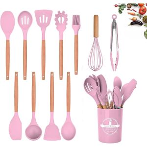 Eryi-Hytter Lot De 12 Ustensiles De Cuisine En Silicone Avec Poignée En Bois, Résistants À La Chaleur, Antiadhésifs, Spatule, Cuillère, Passe Au Lave-Vaisselle, Meilleurs Outils De Cuisine (Couleur R - Neuf
