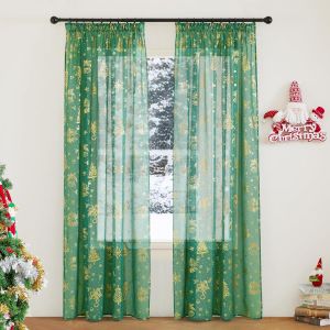 Eryi-Lot De 2 Rideaux De Noël - Rideau Voilages 140x245 Cm, À Galon Fronceur, Vert Décorations Festives Pour Chambre, Salon, Fenêtres Et Baies Vitrées Interieurs - Neuf