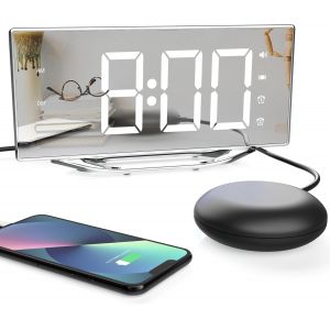COPF-Réveil Numérique Miroir,8,7"" Led Réveil Sourd Avec Vibrant Pour Gros Dormeurs,Sourd Et Malentendant,Function Snooze+Réveil Double+Charge Usb+Volume À 7 Niveaux+Lumineux À 8 Niveaux,12/24 H - Neuf