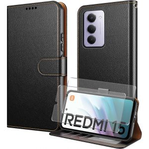 KALANKA-Coque pour Xiaomi Redmi 15 5G/4G avec Verre Tremp&eacute;, Etui Protection Housse Premium en Cuir PU,[RFID Blocage][Emplacements Cartes][Multifonctionnel] Magn&eacute;tique &agrave; Rabat Flip Case - Noir - Neuf