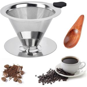 KALANKA-Filtre Cafe avec Mini Cuillère à Café, Filtre a Cafe Reutilisable, Filtre à Café Permanent, Filtre à Café Permanent en Acier Inox, 600 Mailles Filtre à Café en Acier Inoxydable - Neuf