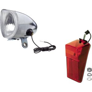 Kit Feu Avant + Arrière Vélo Dynamo À Ampoule 6v Phare Éclairage Vintage Chromé Argent - Neuf