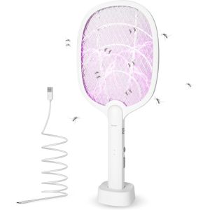KALANKA-Raquette Électrique Insectes, 3800V USB Rechargeable Raquette Moustique Electrique, Piable Tapetteà Mouche à Lumière UV 2 en 1, Raquette Anti Moustique avec Base pour Intérieur Extérieur - Neuf