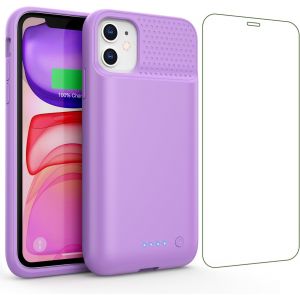 SJZG-Coque Batterie Pour Iphone 11/Xr&iquest;Mince Mais Puissant 7500Mah&iquest;Coque Rechargeable Batterie Externe Avec &Eacute;cran De Protection En Verre Tremp&eacute; Chargeur Portable Pour Iphone 11/Xr(6,1 Pouces) - Violet - Neuf