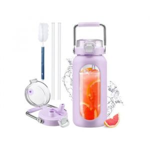 Bouteille En Verre Borosilicat&eacute; 1,9 L Time Maker - Violette, &Eacute;tui Silicone, Paille & Poign&eacute;e Inox, &Eacute;tanche - Neuf