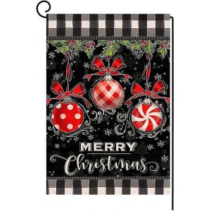 Joyeux Noël Boule Petit Jardin Drapeau 12x18 Pouces Vertical Double Face Rouge Noir Vacances d'Hiver - Neuf
