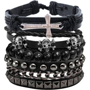 Kal-Bracelet Tress&eacute; Cuir Homme Bracelet Cha&icirc;ne Gothique Manchette Set Punk Rocker Bracelet Noir - Neuf