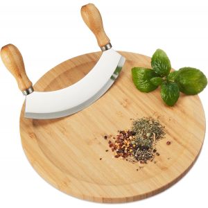 Hachoir Berceuse Avec Planche, Bambou & Acier Inoxydable, Couteau À Herbes, Plateau De 25 Cm, Nature - Argenté[APP8811642] - Neuf