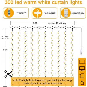 Guirlande Lumineuse Rideau,3m*3m Rideau Lumineux* 300 Led,Basse Tension 5v,8 Modes D'eclairage Etanche Ip65 Exterieur Et Interieur,Decoration Pour No&euml;l,Anniversaire,Fen&ecirc;tre,Lumi&egrave;re Blanche - Neuf