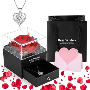 Rose Eternelle Avec Collier, Vraie Rose Pr&eacute;serv&eacute;e Avec Collier En Forme Coeur, Collier Femme Bo&icirc;te De Roses, Idee Cadeau Femme Utile Pour Anniversaire Maman, Noel, Saint Valentin - Neuf
