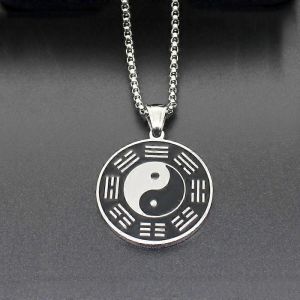 316l Acier Inoxydable Couleur Argent Émail Noir Blanc Cercle Bagua Tai Chi Ying Yang Pendentif Collier Porte-Bonheur Collier Bijoux - Neuf