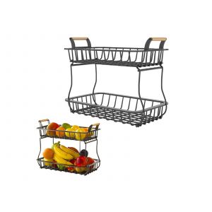 Pr&eacute;sentoir &Agrave; Fruits &Agrave; 2 Niveaux En M&eacute;tal Avec Poign&eacute;es En Bois - Noir - Neuf