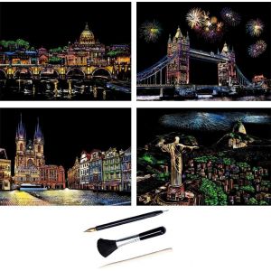 KALANKA-Lot de 4 Images à gratter - 290 x 210 mm - Image Murale - Papier à gratter coloré - avec kit d'outils (Beauty City) - Neuf