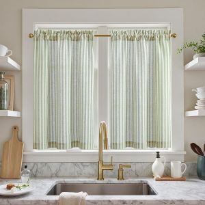 Eryi-Rideau Cuisine À Rayures 65l X 90h (Cm) Lot De 2 Rideau Lin Rayé Vert Et Beige Rideaux Translucide À Passe-Tringle Rideaux Fenetre Brise-Bise Court Décoration Intérieur Placard Chambre - Neuf
