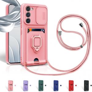 Kal-Cordon De Coque Pour Samsung Galaxy S22 Plus 5g / S22+ 5g,Couvercle Coulissant De La Caméra+Support Annulaire À 360 Degrés,Fentes Pour Cartes Lanyard Silicone Case -Pink - Neuf