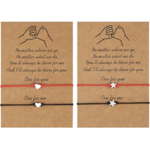 Lot De 4 Bracelets &Agrave; Cordes En Forme D'&eacute;toile Et D'amour,Distance R&eacute;glable Avec Carte De B&eacute;n&eacute;diction D'amiti&eacute;,Bijoux Faits &Agrave; La Main Pour Femmes,Filles,Amies,Couples (Noir + Rouge),Taille - Neuf