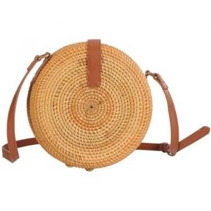 Sac rond en rotin et paille pour femme - Bali &Icirc;le Boh&ecirc;me Plage - Bandouli&egrave;re 110cm - Marron - Neuf