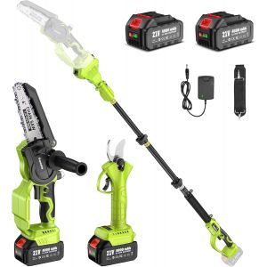 MEVRONISSHOP-Mini Tronconneuse avec Perche 6 Pouces & Secateur Electrique Telescopique 33 mm, 4 en 1 &Eacute;lagueuse sur Perche avec 2 * 4000 mAh Batteries, Port&eacute;e Maximale 4,6 m - Neuf