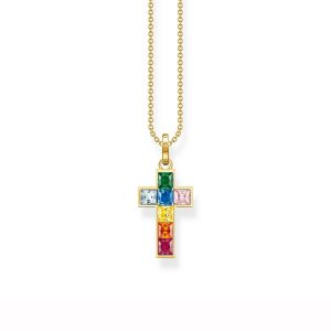 Collier Thomas Sabo Argent Doré Croix Oxydes Arc-En-Ciel - Neuf