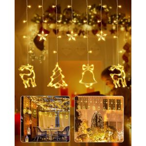 KAL-Rideau Lumineux 2.4X1M 138Led Étoile Wapiti Cloche Sapin De Noël Guirlande Lumineuse 8 Modes D'Eclairage, Lumières Decoration De Fenêtre Pour Mariage Fête Maison (Blanc Chaud) - Neuf