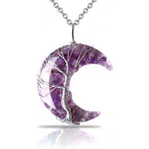 Kal-Collier En Cristal, Collier D'améthyste Croissant De Lune Enroulé En Fil De Fer De Vie En Pierre Naturelle, Bijoux En Pierre Précieuse Cadeaux, Violet, L - Neuf