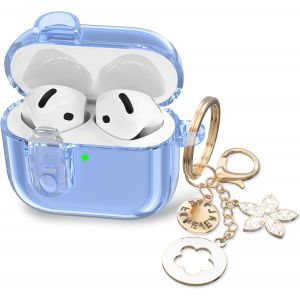 &Eacute;tui de Protection Transparent pour Apple Airpods 4 Mignon &Eacute;tui de Protection 2024 pour Femme, TPU Souple Transparent avec Fonction de Verrouillage, Porte-cl&eacute;s Brillant pour Fille - Bleu - Neuf