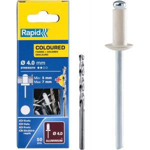 Rivets Pop en Aluminium Ø4 x 10 mm,Coloris Blanc,Rivets Aveugles pour Gouttières/Tuyaux/Tôle-Foret Inclus-50 Pièces,Emballage Carton (5001463) - Neuf