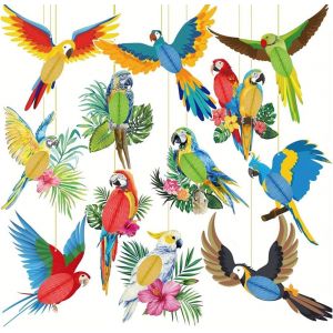 12 Pi&egrave;ces Oiseaux Tropicaux Deco,Oiseaux Tropicaux Nid D'Abeille,Perroquet Decoration Suspendu,Ornement Perroquet En Bois Pour Hawaiian Summer Beach Jungle Party D&eacute;corations - Neuf