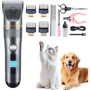 Jgd-Tondeuse Chien Professionnelle, Tondeuse Silencieuse Pour Chiens Sans Fil Avec Ecran Led Et 4 Peignes Limite, Lames En C&eacute;ramique Amovibles, 12 Accessoires, Ipx7 &Eacute;tanche Pour Chien/Chat - Neuf