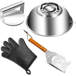 Ulteronixshop-Smashed Kit d'accessoires pour hamburger avec couvercle &agrave; badigeonner, presse &agrave; hamburger et spatule &agrave; griller, gants r&eacute;sistants &agrave; la chaleur, kit d'accessoires de cuisson en acier inox - Neuf