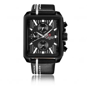Montre Homme Naviforce A Quartz, Bracelet En Cuir, Etanche 3atm, Cadran Carre (Noir Et Blanc) - Neuf