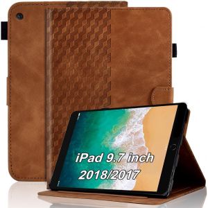 Kal-Coque Pour Ipad 9.7 Pouce 2018/2017 (Ipad 6ème/5ème Génération) Housse Ipad Air 2, Ipad Air Cuir Pu Etui De Protection Flip Cover Case Treillis Avec Multi-Angle Support Et Poche, Marron - Neuf