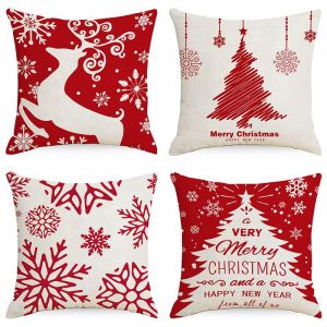 4pcs 18""X18"" Rouge De No&euml;l Housses De Coussin D&eacute;coratif De No&euml;l Canap&eacute;-Taies D'oreillers, De Draps En Coton Carr&eacute; D'oreiller Housse De Coussin Pour Canap&eacute;, Un Canap&eacute;, Un Lit Et Une Voiture - Neuf