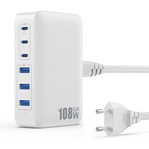 JGD-108W Chargeur USB C Multiple, 6 Ports GaN III Tech Chargeur Rapide Prise Station de Charge avec 3 PD & 3 QC Multiprise USB Station pour iPhone 16/15 Huawei Sumsung Switch etc - Neuf