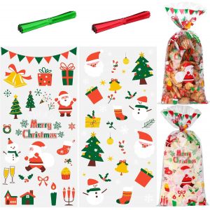 100 Sachet Bonbons Anniversaire Noël, 27x13cm, Transparent, Avec 100 Liens Noël Sachet Plastique Sac Enfant Sacs De Biscuits Pour Chocolat - Neuf