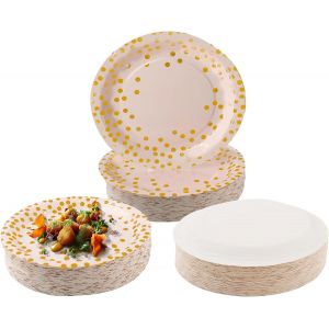 Checarzhn--No1-50 Pièces Assiettes En Carton Jetables Et Dorées, Assiettes En Carton À Pois De 7 Inch, Vaisselle De Fête Pour Mariage, Anniversaire D'enfant, Camping, Pique-Niques (Rose) - Neuf