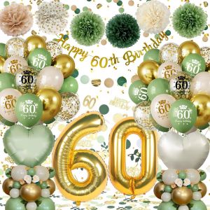 Decoration Anniversaire 60 ans,D&iquest;&iquest;coration 60 ans Anniversaire Femme Homme,Vert Or Ballon 60 ans Anniversaire de F&iquest;&ordm;te,Banni&iquest;&iquest;re Happy 60th Birthday, PomPoms, Ballons en Aluminium Coeur - Neuf