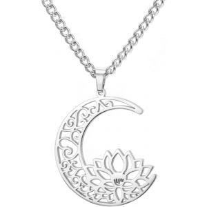 Kal-Collier De Lotus Dans La Lune En Acier Inoxydable Collier Pendentif De Fleur De Lotus Yoga Bijoux D'inspiration Pour Femme Charmantes Dames - Neuf