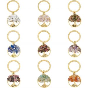 Kal-18 Pièce 9 Styles Arbre De Vie Porte Clés Pierre De Cristal Naturel Bricolage Porte Clés Pendentif Pierre Précieuse Porte Clés Breloque Pour Bricolage Fait À La Main Sac Porte Bonheur - Neuf