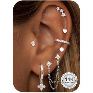 Kalanka-7 Paires Boucles D'oreilles Femme Acier Inoxydable Piercing Oreille Cartilage Boucles D'oreilles Dangle Cha&icirc;ne Pendantes Creoles Piercing Tragus Anneaux Conch Lobe Helix Piercing Or Argent - Neuf