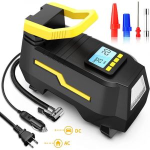Compresseur d'air électrique portable 150 psi, pompe à air numérique, mini pompe à vélo 12 V CC et 220 V CA avec éclairage LED et écran LCD pour voitures, vélos, motos, ballons, etc. Noir - Neuf