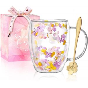 Cadeaux Pour Femmes Tasse &Agrave; Caf&eacute; En Verre &Agrave; Double Paroi Avec Fleurs S&eacute;ch&eacute;es Jolies Tasses &Agrave; Th&eacute; Avec Poign&eacute;es Isol&eacute;es Cadeaux De No&euml;l Et D'Anniversaire Pour Votre Meilleure Amie Professeure Maman - Neuf