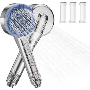 Pommeau de Douche Haute Pression - Douchette avec 3 Filtre anti Calcaire, Pommeau Douche 4 Types de Jets Pommeau Douche Economie Deau avec Bouton D'arr&ecirc;t D'eau, Argent&eacute; - Neuf