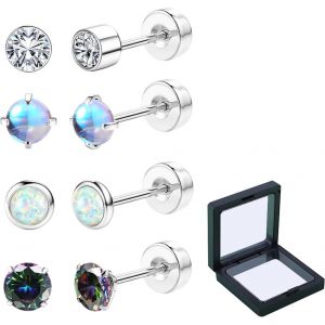 Cmjaagur-Landrain Lot De 4 Paires De Boucles D'oreilles En Titane Hypoallergénique De 4 Mm Pour Femme Et Enfant Avec Pierre De Lune Opale, Titane[M187] - Neuf