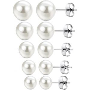 5 Paires Boucles D'oreilles Perles D'argent, Boucle D'oreille Clous D'oreilles Ronde Perle, Boucle D Oreille Perles, Boucles D'oreilles Pour Les Femmes Perles, Pour Femme Bijou Fantaisie - Neuf